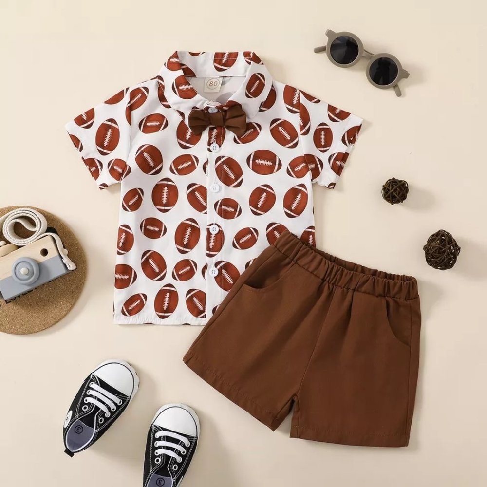 Football Boys Button Down Shirt and Shorts Outfit Set